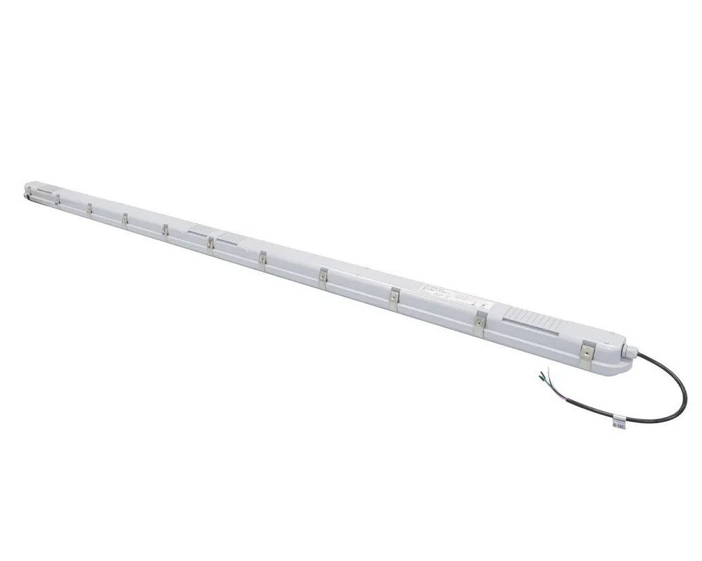 Angled view of StormGuard Series 8 foot LED vapor tight light showing stainless steel locking clips and sealed power cord entry point