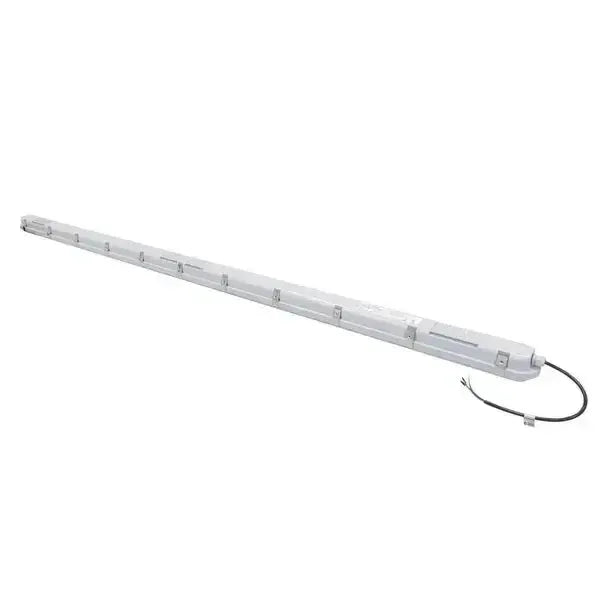 Angled view of StormGuard Series 8 foot LED vapor tight light showing stainless steel locking clips and sealed power cord entry point