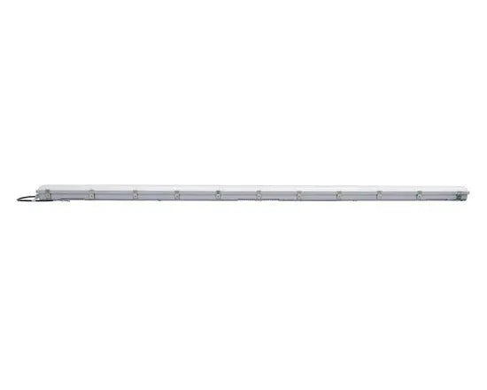 Full length horizontal view of StormGuard Series 8 foot LED vapor tight fixture showing continuous sealed housing with power cord and stainless steel clips