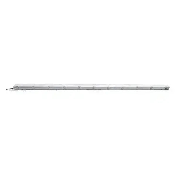 Full length horizontal view of StormGuard Series 8 foot LED vapor tight fixture showing continuous sealed housing with power cord and stainless steel clips