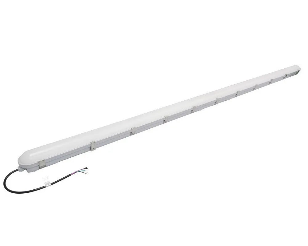 StormGuard Series 8 foot LED vapor tight light showing sealed housing with stainless steel clips and factory-installed power cord for commercial environments