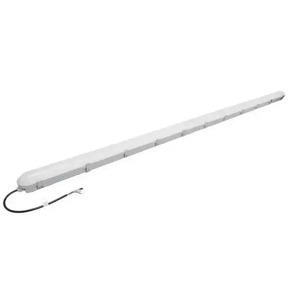 StormGuard Series 8 foot LED vapor tight light showing sealed housing with stainless steel clips and factory-installed power cord for commercial environments