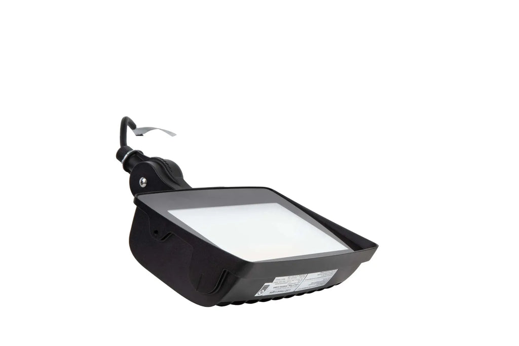 TitanBeam Series LED flood light angled perspective showing lens assembly adjustable knuckle mount and integrated power cord for exterior installation