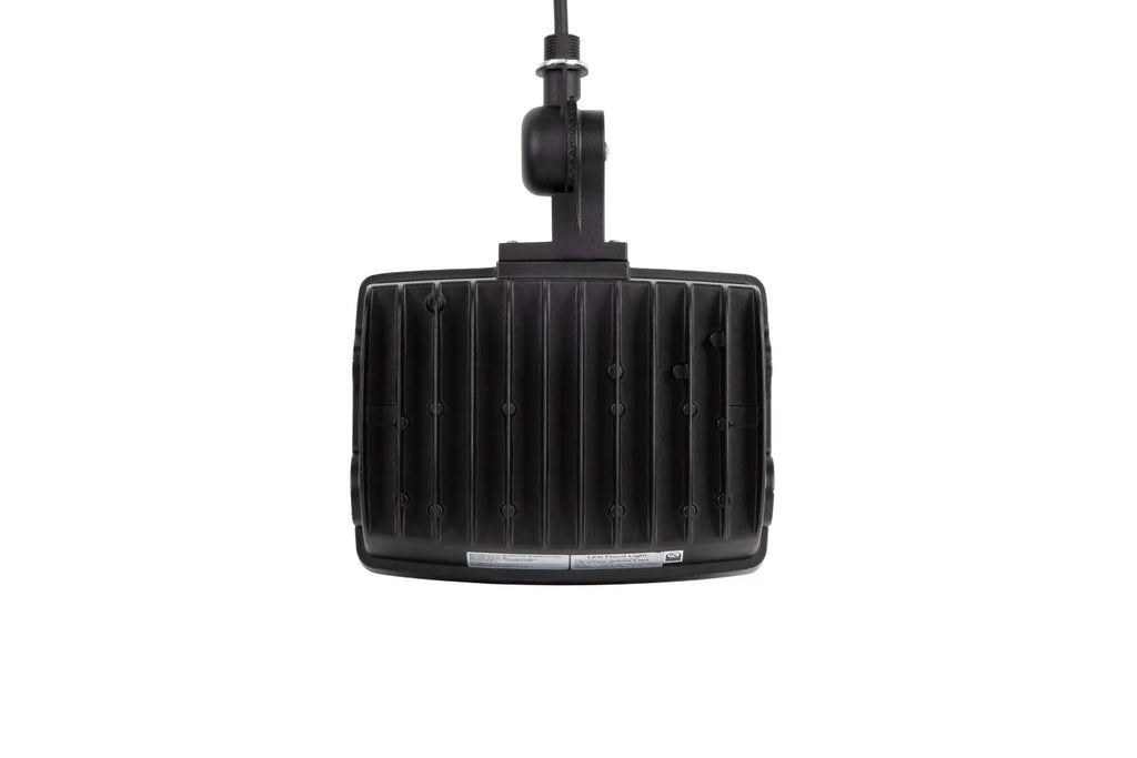 TitanBeam Series LED flood light upside down back view showing aluminum heat sink fins knuckle mount connection and external power cord