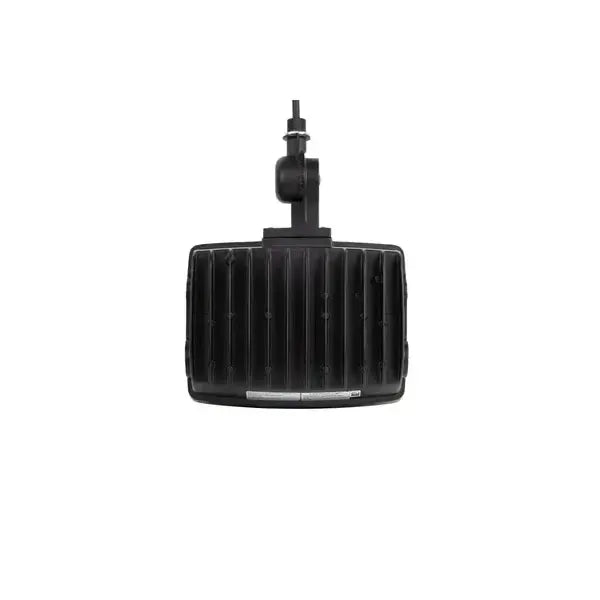 TitanBeam Series LED flood light upside down back view showing aluminum heat sink fins knuckle mount connection and external power cord