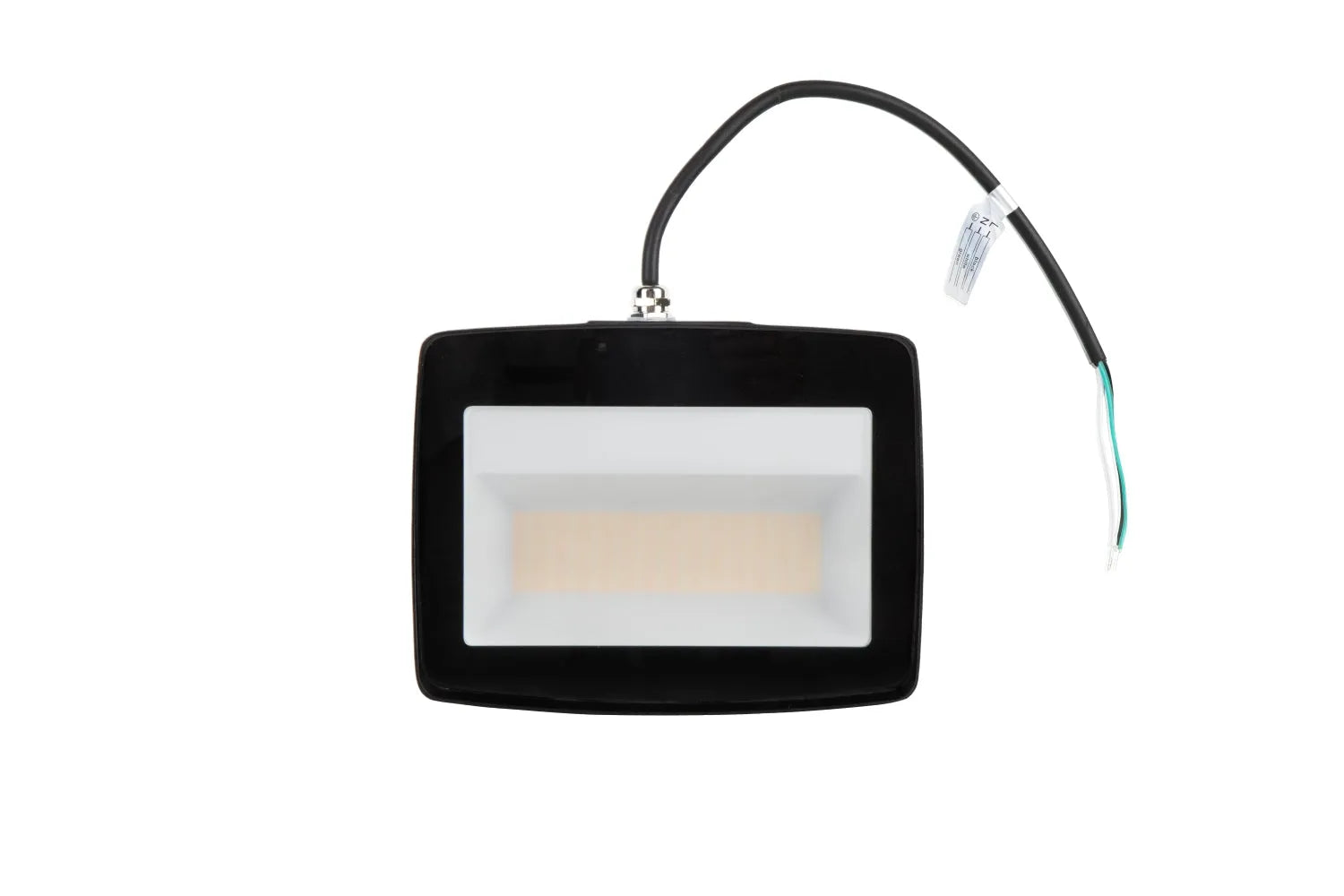 TitanBeam Series LED flood light upside down front view showing optical lens assembly and integrated power cord connection