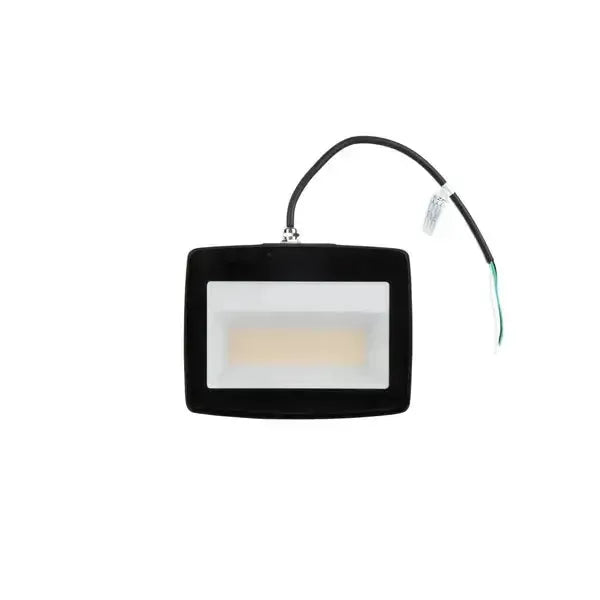 TitanBeam Series LED flood light upside down front view showing optical lens assembly and integrated power cord connection