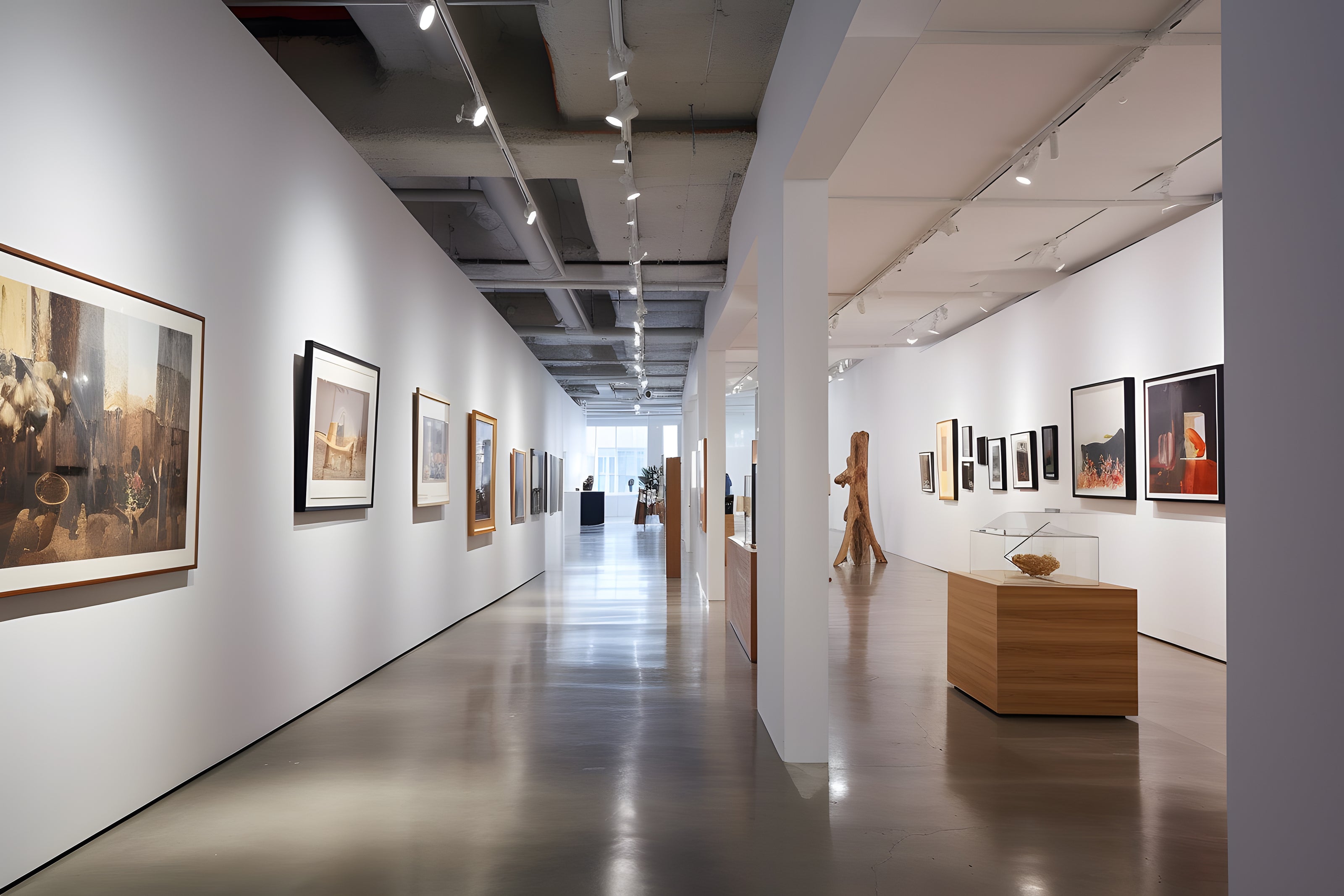 Track lighting shown illuminating contemporary art gallery with white walls