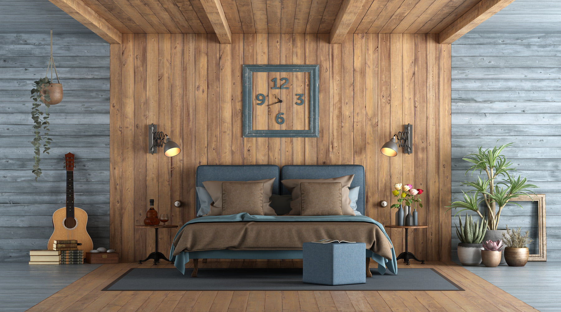 Wall sconces mounted on each side of bed in rustic style master bedroom