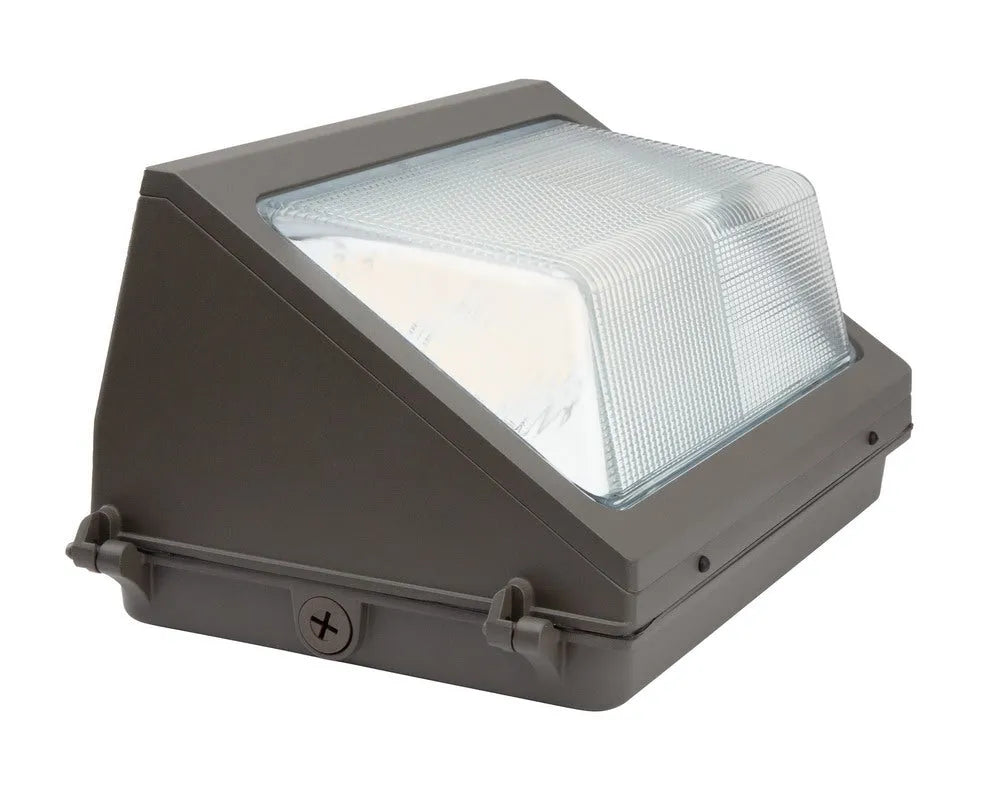 Angled view of WallGuard Series LED traditional wall pack showing exterior housing frame and optical lens design