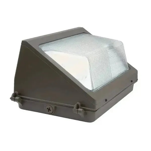 Angled view of WallGuard Series LED traditional wall pack showing exterior housing frame and optical lens design