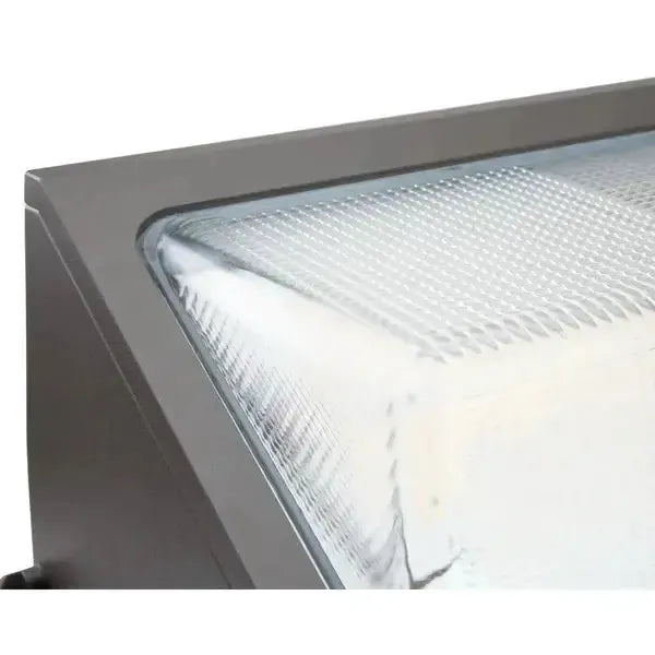 Close up view of WallGuard Series LED traditional wall pack housing edge showing lens interface and fixture frame construction