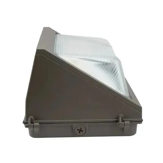 WallGuard Series LED traditional wall pack side view showing housing frame lens assembly and electrical knockout location
