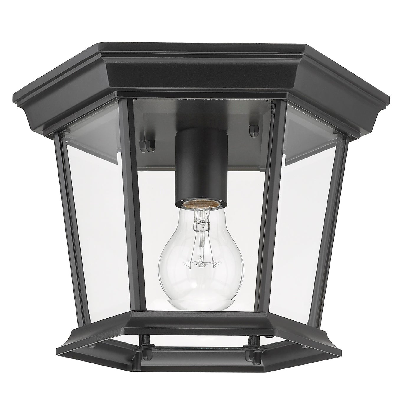 Farmhouse outdoor ceiling light with black metal fixture and clear glass. Complements country décor. UL Listed for wet locations. 11"W x 7.5"H.