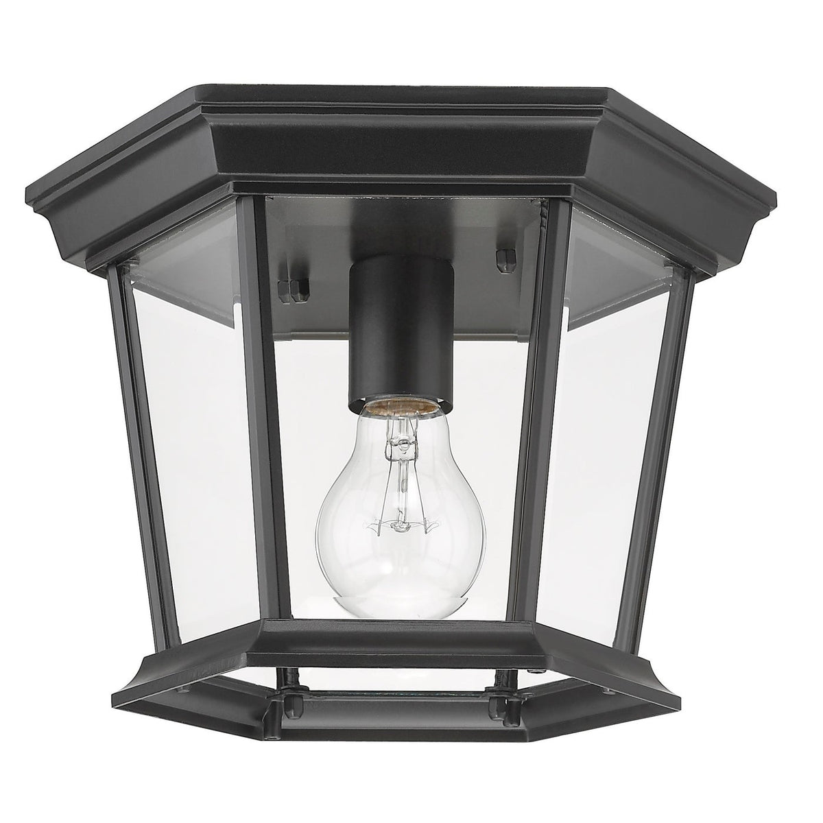 Farmhouse outdoor ceiling light with black metal fixture and clear glass. Complements country décor. UL Listed for wet locations. 11&quot;W x 7.5&quot;H.